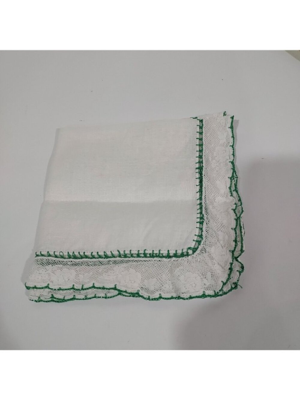 Handerchief Antique 13x13 Handmade French Lace 1920 Wedding Green Embroridred - Picture 6 of 8